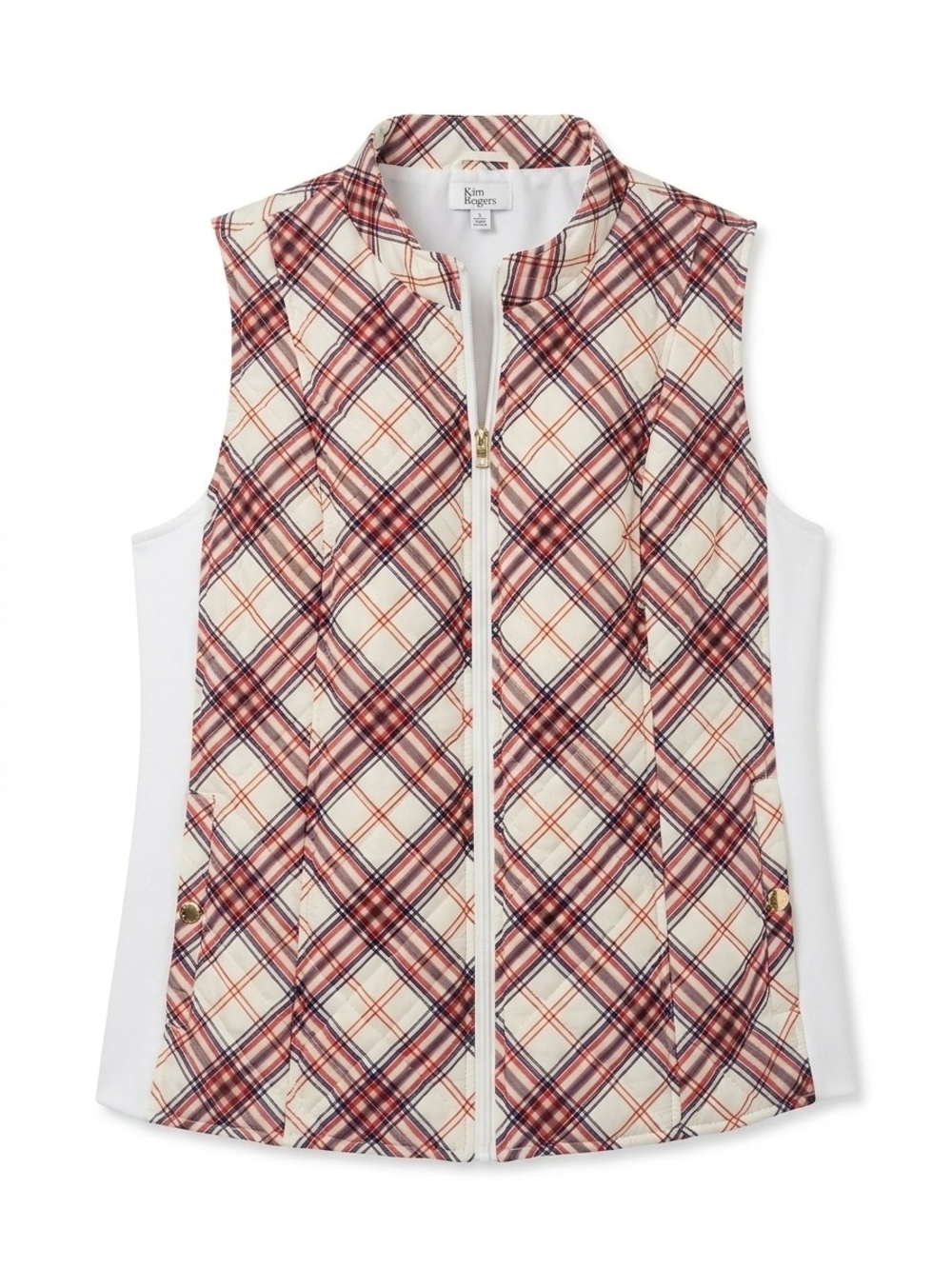 Kim Rogers Cream Plaid Quilted Sleeveless Zip Vest with Red & Navy Accents